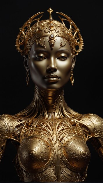 uma estátua de ouro de uma mulher com pele de ouro e brincos de ouro