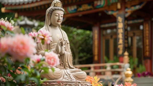 Uma estátua de pedra de um bodhisattva cercada por flores cor-de-rosa