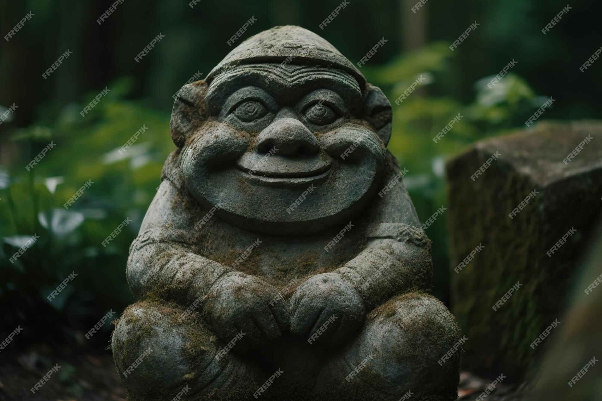 Um close-up de uma estátua de um troll com um olhar assustador