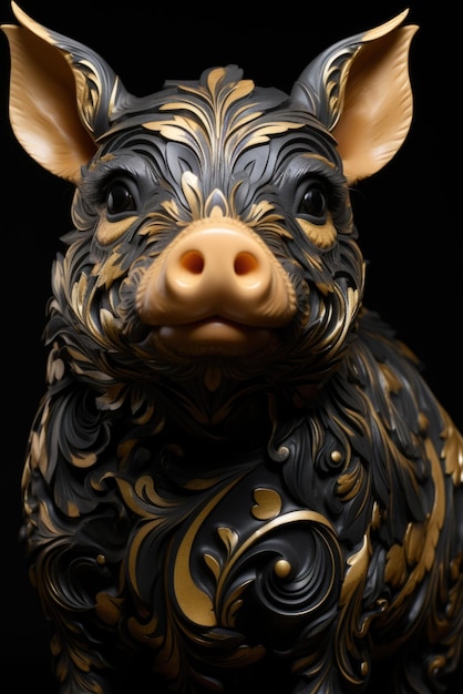 Uma estátua de porco preto e dourado com desenhos intrincados ai