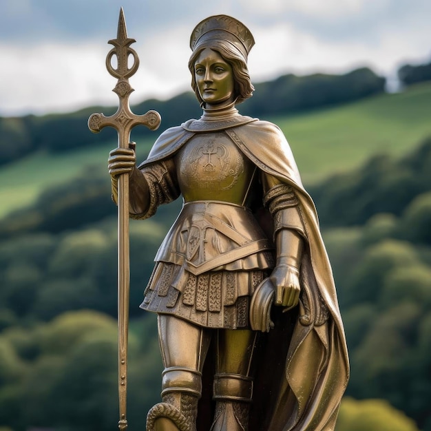 Uma estátua de Santa Joana d'Arc, uma figura altamente reverenciada no catolicismo
