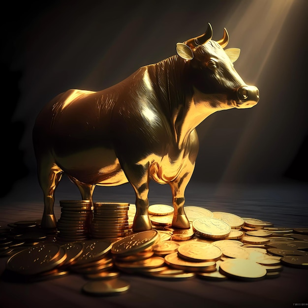 Uma estátua de touro de ouro é cercada por moedas de ouro e moedas de ouro.