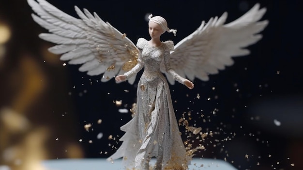 Uma estátua de um anjo com asas brancas e fundo preto