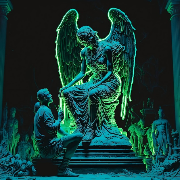 Uma estátua de um anjo com luzes verdes nele