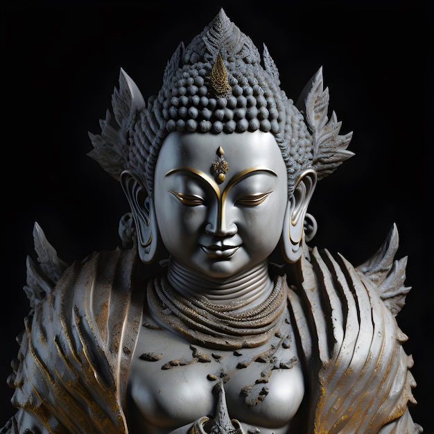 Uma estátua de um Buda com uma cabeça emplumada e asas.