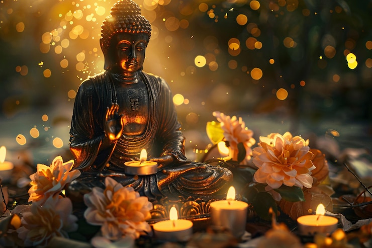 Foto uma estátua de um buda com velas e flores