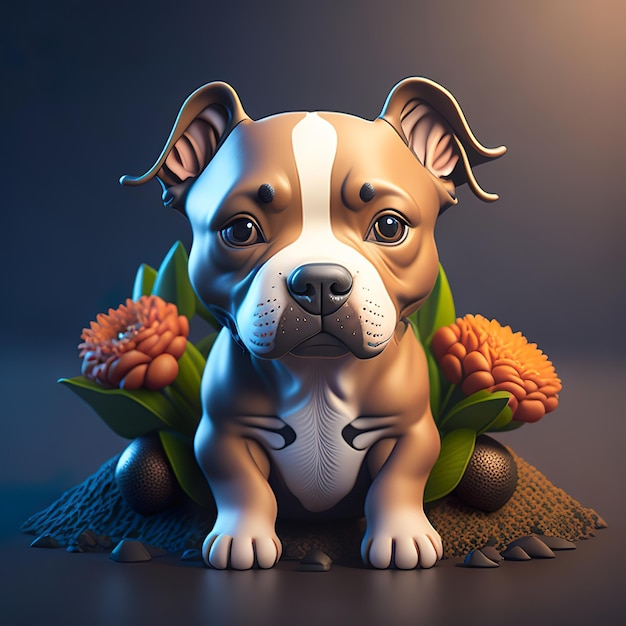 Uma estátua de um cachorro com flores de laranja