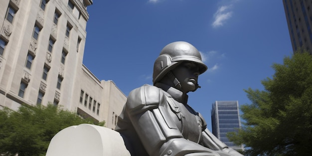 Uma estátua de um cavaleiro de armadura fica em frente a um prédio.