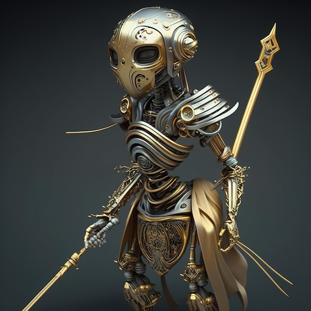 Uma estátua de um cavaleiro esqueleto com uma espada
