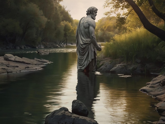uma estátua de um deus está de pé na água