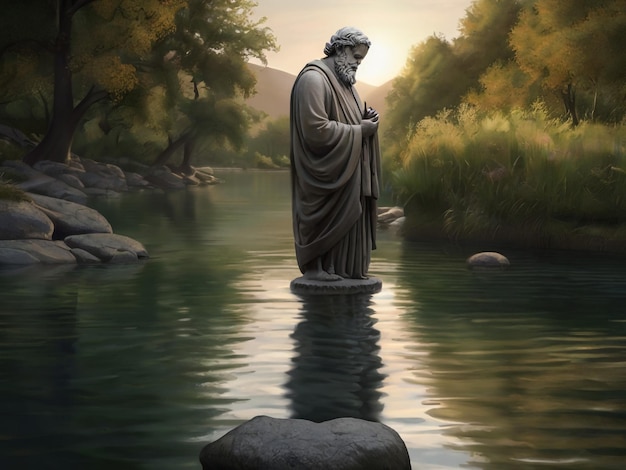 uma estátua de um deus está de pé na água