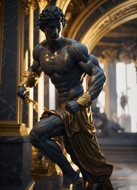 Uma estátua de um deus grego musculoso estátua de mármore escuro dourado sotaques 8k motor irreal render pho