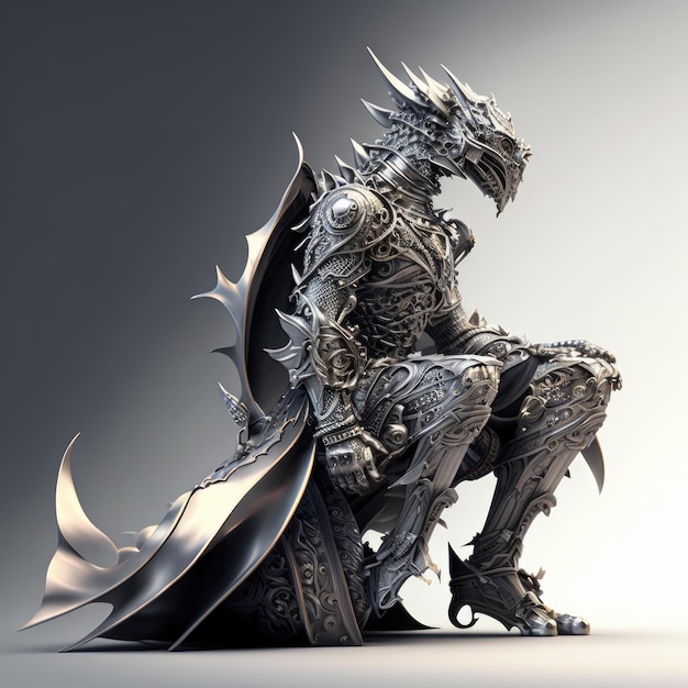 Uma estátua de um dragão com asas e um escudo sobre ele.