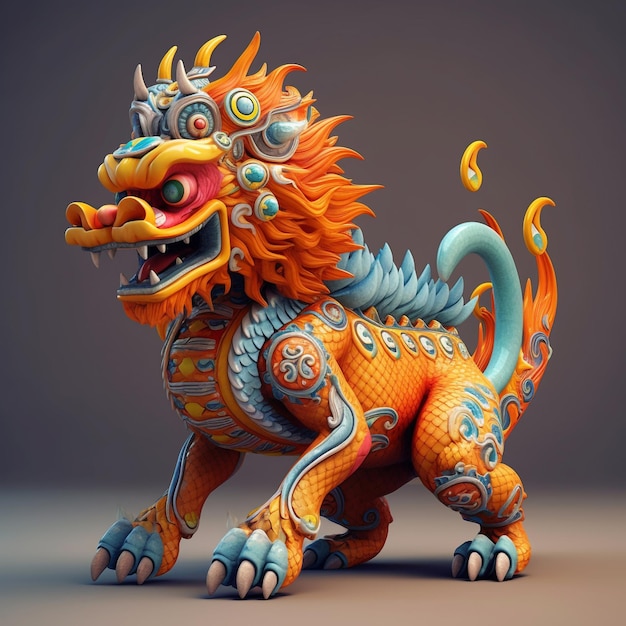 Uma estátua de um dragão com detalhes em azul e laranja e uma cauda vermelha