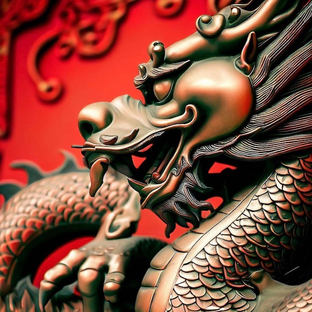 uma estátua de um dragão em um fundo vermelho