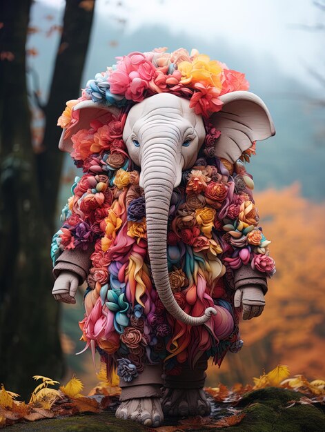 uma estátua de um elefante com um bouquet de flores nele