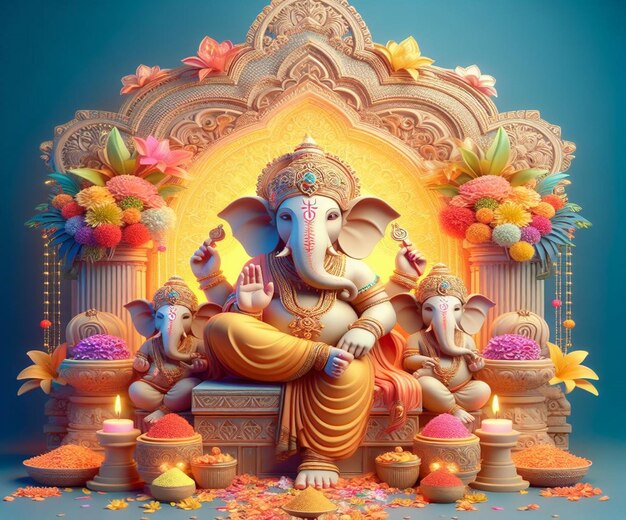 Uma estátua de um elefante com uma estátua de uma divindade nele