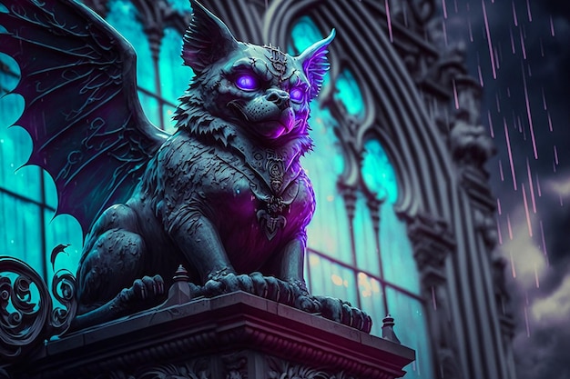 Uma estátua de um gato alado com olhos roxos fica em frente a um edifício gótico.