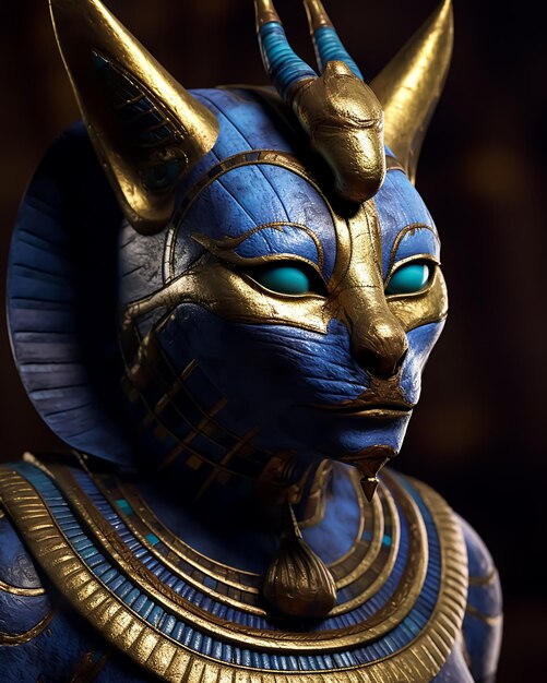 Uma estátua de um gato com olhos azuis e um olho azul