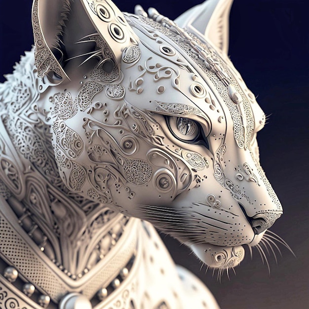 Uma estátua de um gato com um rosto grande e um grande colar de contas.