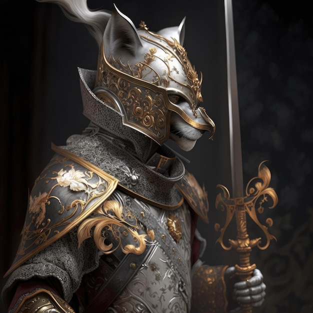 Uma estátua de um gato usando um capacete de ouro e segurando uma espada.