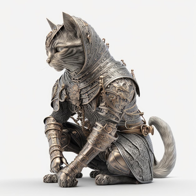 Uma estátua de um gato vestindo uma armadura e um capacete.