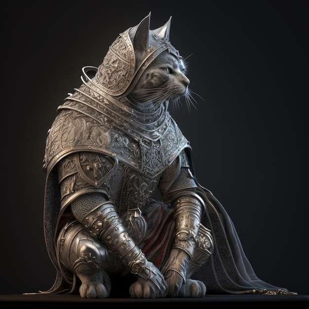 Uma estátua de um gato vestindo uma armadura e um capacete.