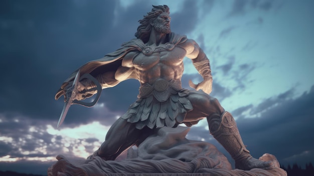 Uma estátua de um guerreiro com um céu nublado atrás dele.