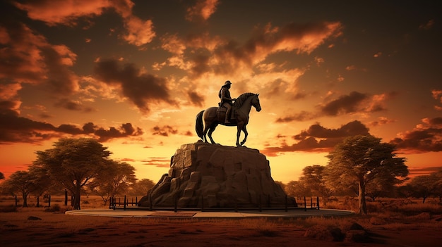 Foto uma estátua de um homem a cavalo em frente a um céu pôr do sol.