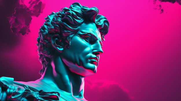 Uma estátua de um homem com fundo rosa