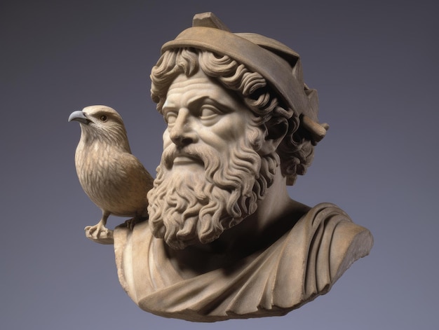 uma estátua de um homem com um pássaro no ombro