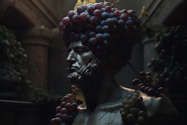 Uma estátua de um homem com uvas na cabeça