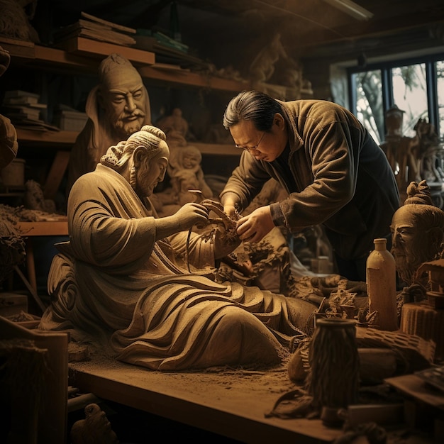 uma estátua de um homem e uma mulher trabalhando em uma peça de cerâmica.