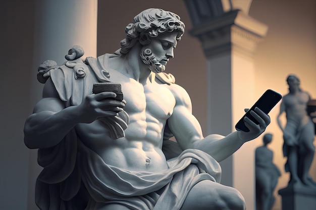 Uma estátua de um homem segurando um telefone celular