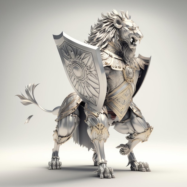 Uma estátua de um leão com um escudo e um escudo sobre ele.