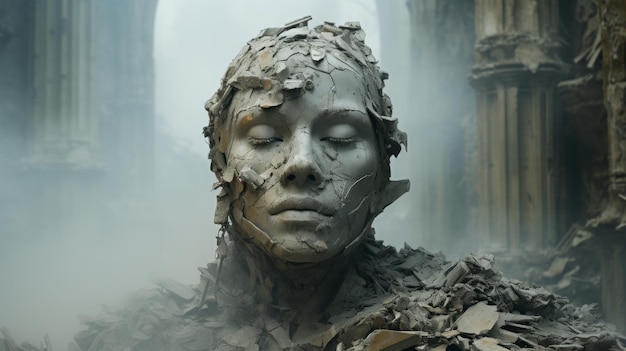 Uma estátua de um rosto de mulher com os olhos fechados