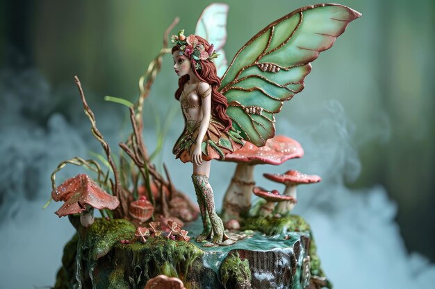 Foto uma estátua de uma fada sentada em cima de um cogumelo em um jardim com árvores e flores ao seu redor um bolo de fada encantado inspirado na fantasia gerado pela ia