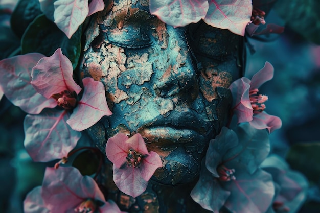 Uma estátua de uma mulher com flores ao redor do rosto