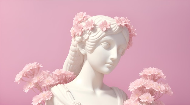 uma estátua de uma mulher com flores cor de rosa na cabeça