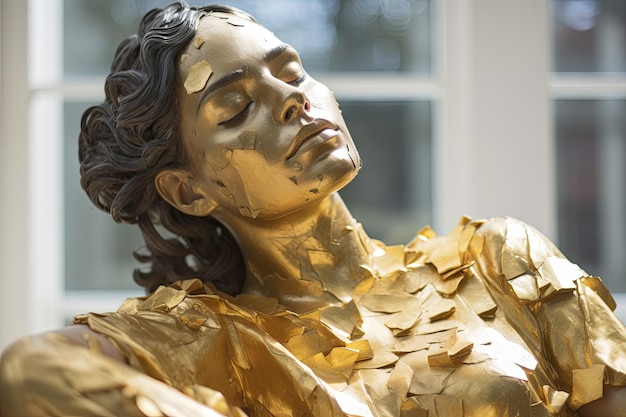 uma estátua de uma mulher com tinta dourada no rosto
