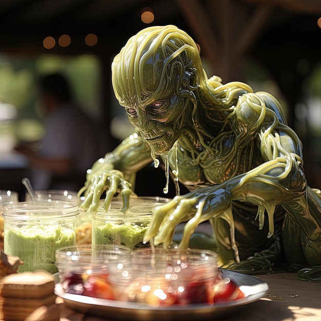 Foto uma estátua de uma mulher com uma cabeça de monstro verde e alguma outra comida