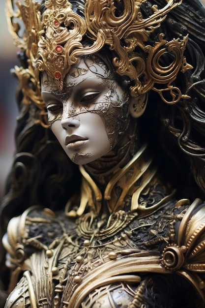 Uma estátua de uma mulher com uma coroa de ouro e prata.