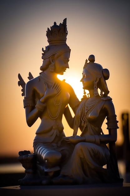 Uma estátua de uma mulher e um homem estão sentados em frente ao sol
