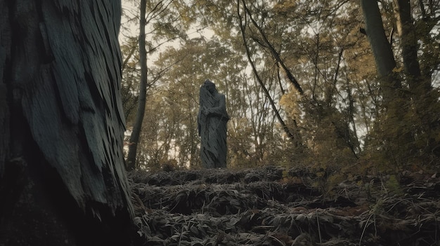 Uma estátua de uma mulher fica na floresta com o tronco da árvore ao fundo.