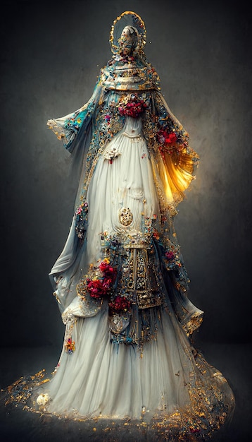 Foto uma estátua de uma mulher vestindo um vestido branco com flores e um halo dourado