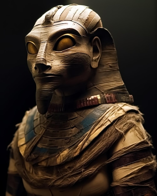 Uma estátua de uma múmia com olhos amarelos