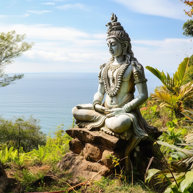 Uma estátua do Senhor Shiva meditando em uma rocha em frente ao oceano