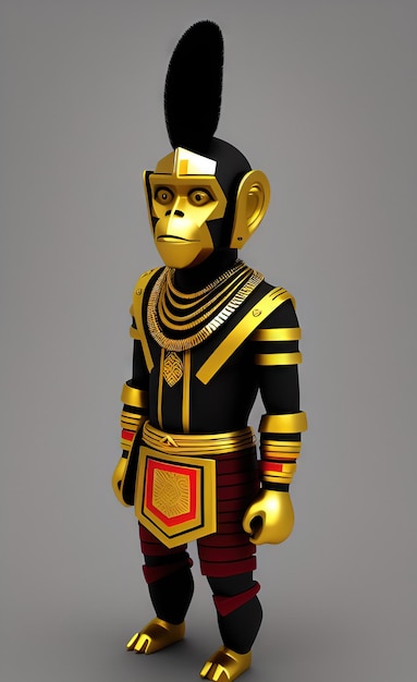 Uma estátua dourada e preta de um macaco com uma faixa vermelha e dourada.
