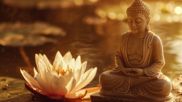 Uma estátua serena de Buda meditando ao lado de uma flor de lótus vibrante simbolizando pureza e gr espiritual