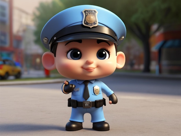 Foto uma estatueta de brinquedo de um policial com um chapéu azul está de pé na rua